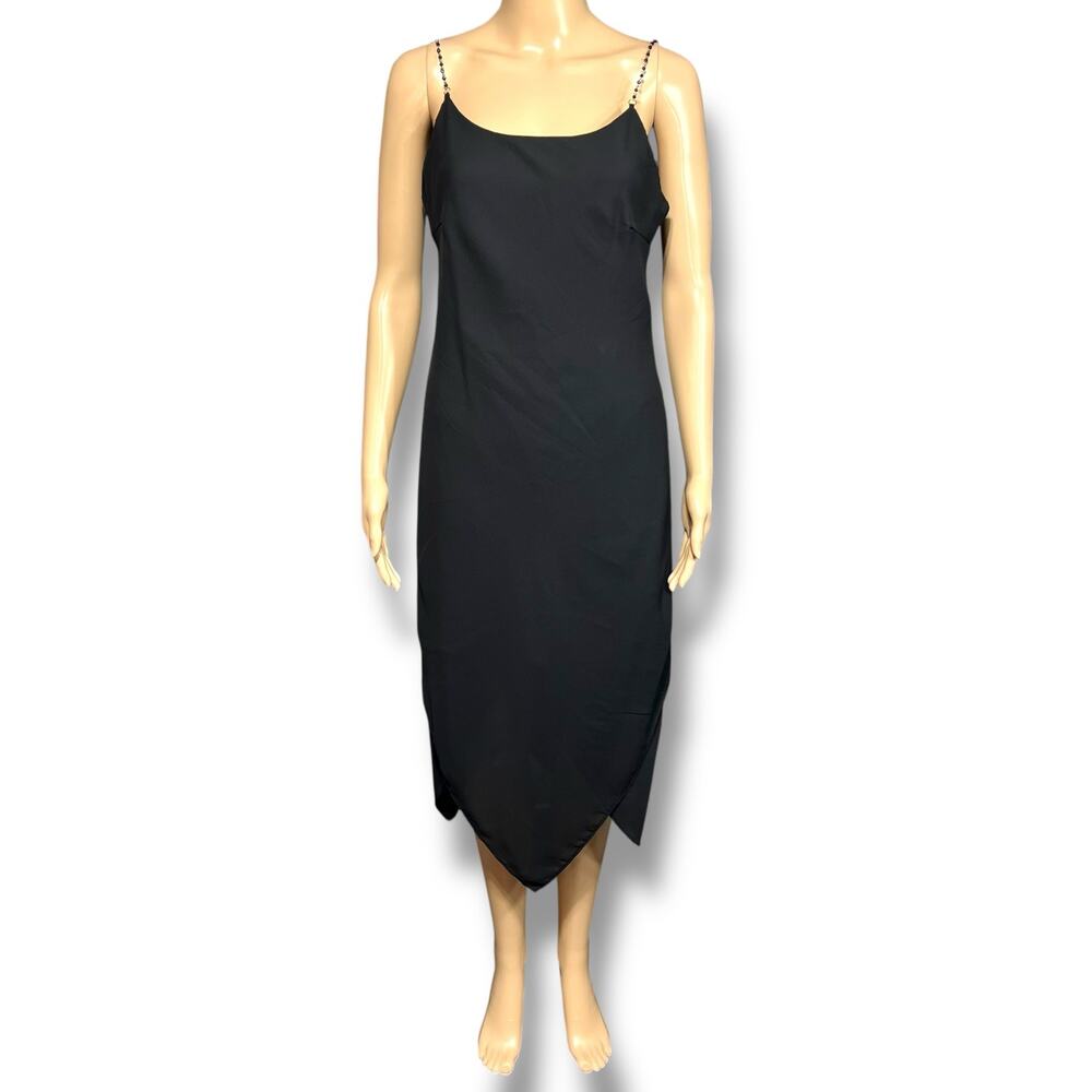 Studio Y Womens Y2K Midi Sheath Dress Beaded Spaghetti Straps LBD Black Medium